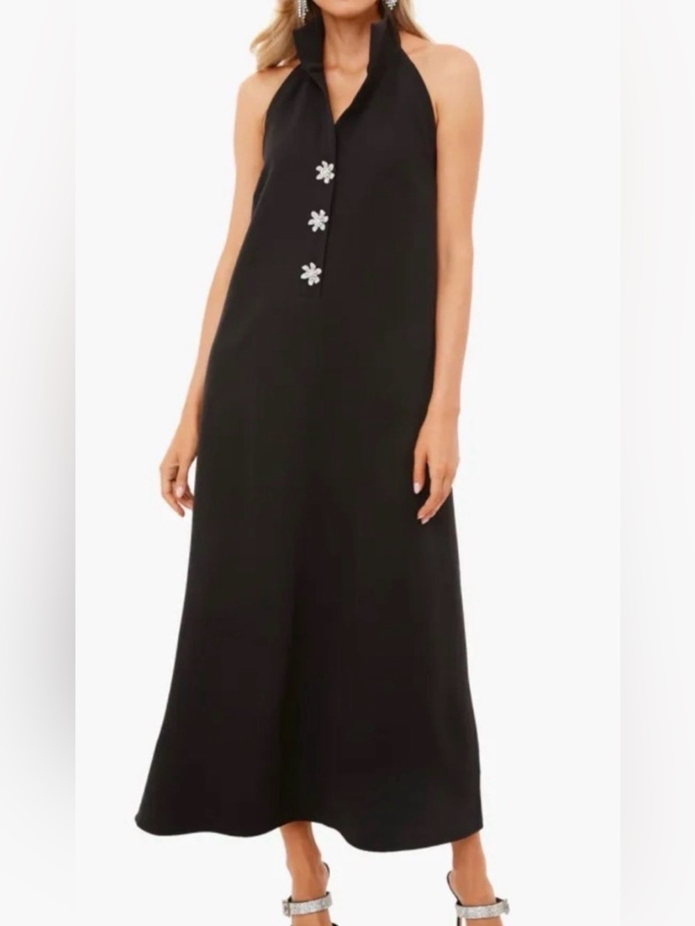 Tuckernuck Black Halter Midi Dress with Embellished Buttons